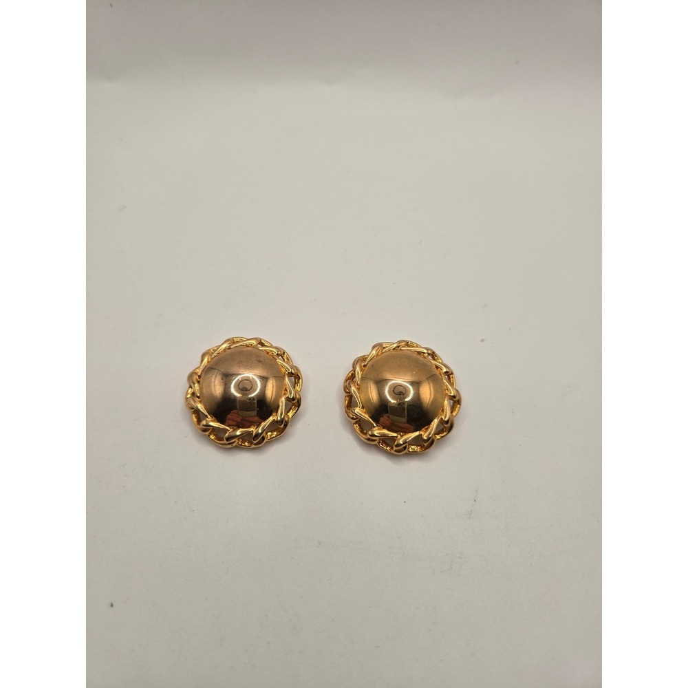 Vintage Bluette Gold Tone Dome Chain Border Clip On Earrings Statement Studs